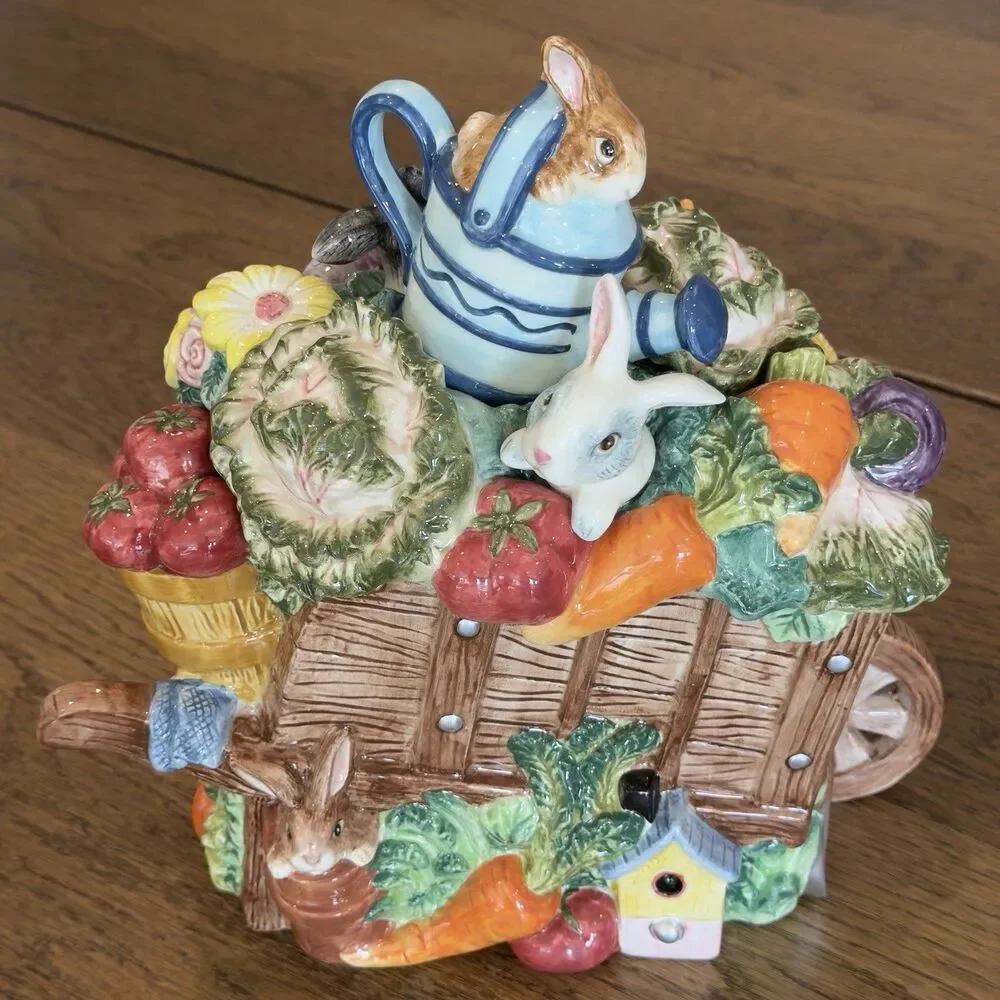 Fitz and Floyd English Garden Bunnies Wheelbarrow Cookie Jar Spring Vintage 1996